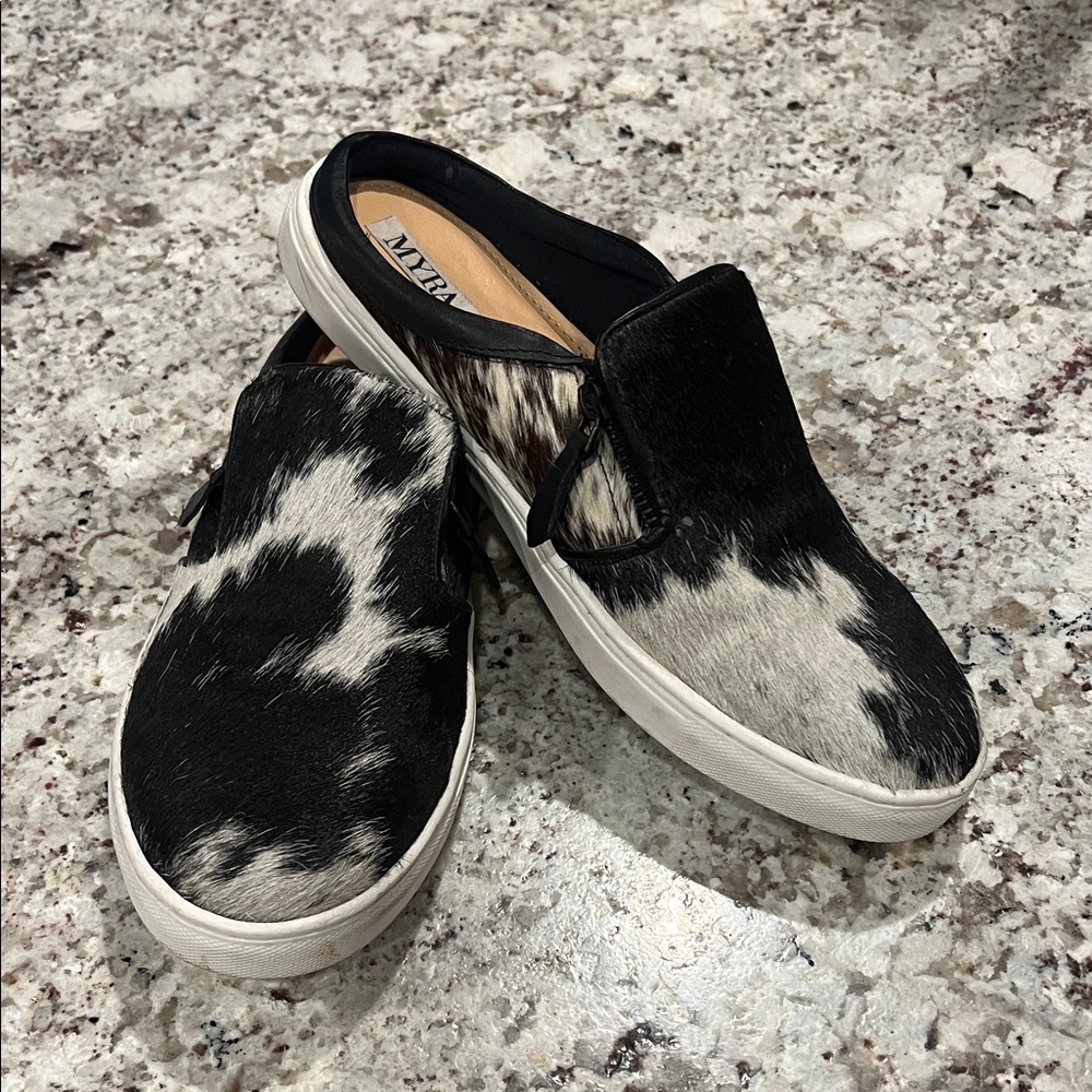 Myra Bag Black and White Cowhide Slip-Ons